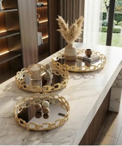 ZEYVE WICKER PATTERN 3-PIECE ROUND TRAY SET 26-30-36cm